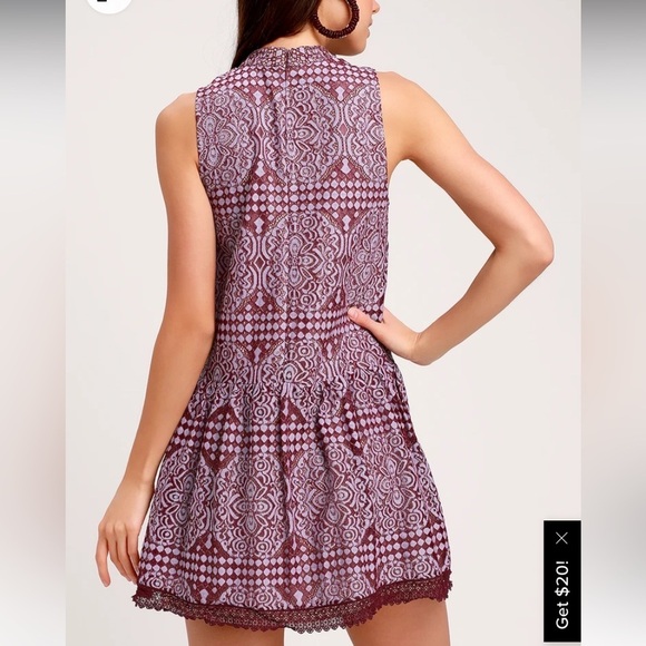 Lulus Belrose Sleeveless Mock Neck Burgundy Lavender Lace Mini Drop Waist Dress - Picture 3 of 12